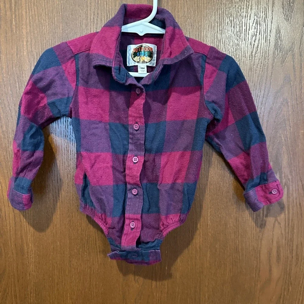 Outdoor Kids Plaid Long Sleeve Bodysuit Shirt 18M Magenta Navy Blue